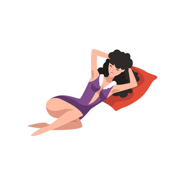 Seductive girl posing lying down on red pillow. Young pin-up model dressed in purple retro swimsuit. Cartoon woman with long black curly hair. Flat vector design