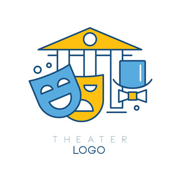 Abstract logo design with columns, hat-cylinder, bow tie, theatrical happy and sad masks. Creative line art with yellow and blue fill. Vector design for theater group
