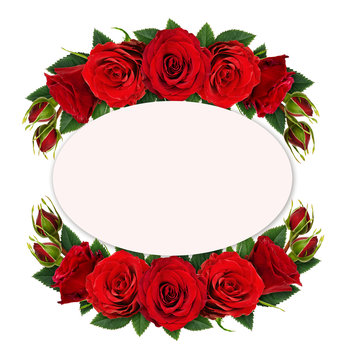 Red rose flowers, buds and leaves in floral arrangements with card for text