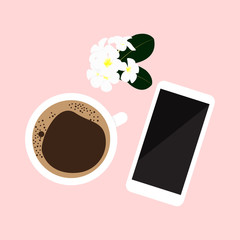 cup of coffee and smartphone with flower
