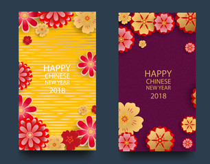 Happy new year.2018 Chinese New Year Greeting Card, two sides poster, flyer or invitation design with Paper cut Sakura Flowers.