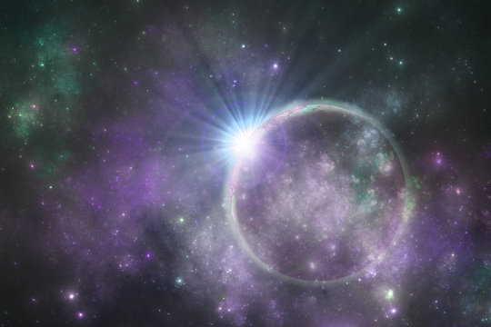 Deep space alien planet with celestial cloud, fantasy universe 3d illustration