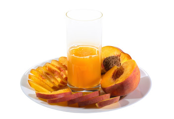 Fresh peach, slices, on white background.