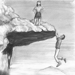 Woman on a Cliff with a Man Hanging from the Edge