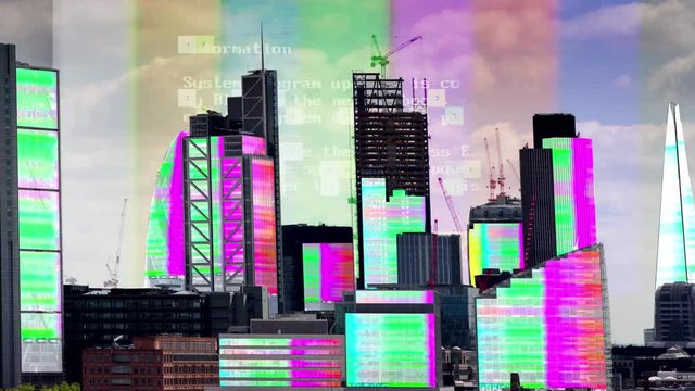 amazing london city timelapse with television and video test paatterns mapped onto the building facades