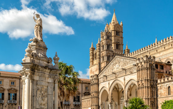 View of Palermo Cathedral with Santa Rosalia statue, Sicily, southern Italy
 - Powered by Adobe