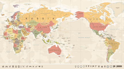 Naklejka premium Vintage Political World Map Pacific Centered