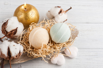 Bath accessories on rustic wooden table