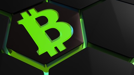 Bitcoin symbol on hexagon with green backlight - 3D rendering