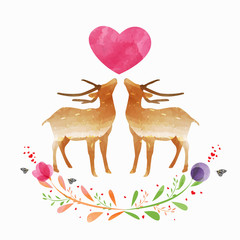 Lover Deer with pink Heart and tropical floral spring Valentine day collection,Watercolor,vector illustration eps 10