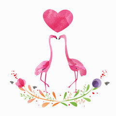 Lover pink Flamingo with pink Heart and tropical floral spring Valentine day collection,Watercolor,vector illustration eps 10