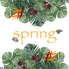  tropical floral spring  leaves with white  empty space label for Text and Design summer collection,Watercolor,vector illustration eps 10