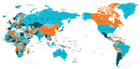 Obraz premium Political World Map Pacific Centered