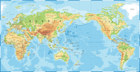 Fototapeta Political Physical Topographic Colored World Map Pacific Centered obraz