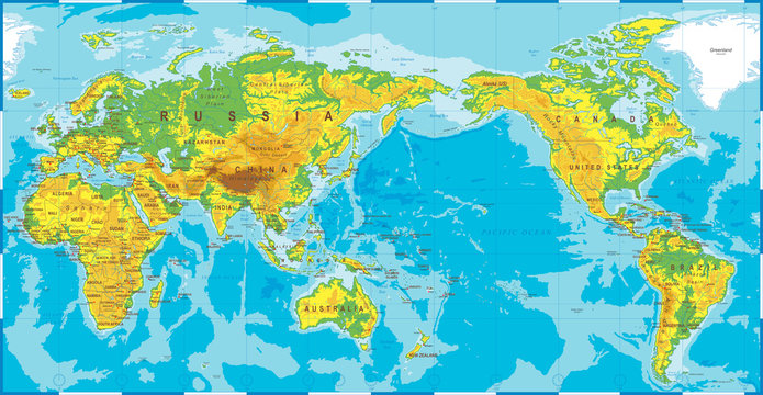 Political Physical Topographic Colored World Map Pacific Centered