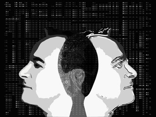Deux profils imbriqués dos à dos dessinés abstraitement sur un fond noir simulant l'univers de l'intelligence artificielle
