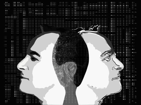 Deux profils imbriqu&eacute;s dos &agrave; dos dessin&eacute;s abstraitement sur un fond noir simulant l'univers de l'intelligence artificielle
