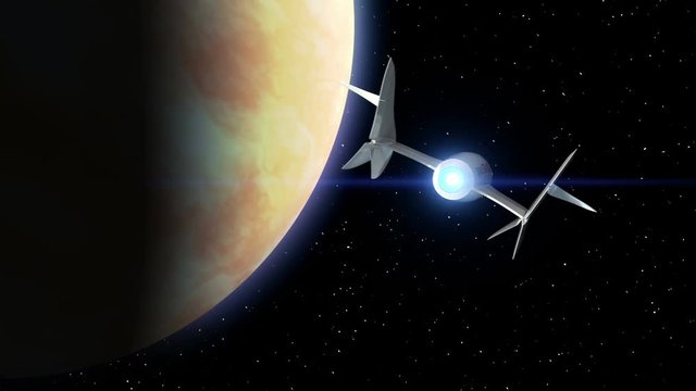 Venus on the background. Fictional spaceplane flies past Planet. Concept of spaceship for space tourism. 3d animation. Texture of Planet was created in graphic editor without photos and other images.