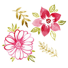 Watercolor illustration floral set. Colorful floral collection with leaves and flowers. Spring or summer design for Mother's Day, wedding, birthday, Easter, Valentine's Day. Pastel colors.