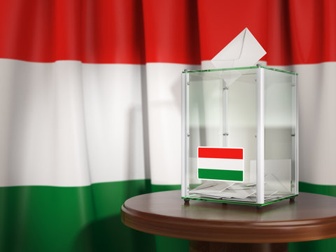 Ballot box with flag of Hungary and voting papers. Hungarian presidential or parliamentary election.