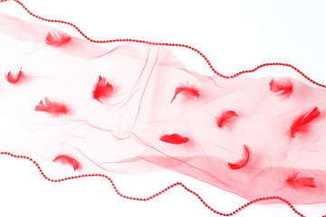 feathers, tulle and beads of red color on a white background. holiday concept, flat lay, top view