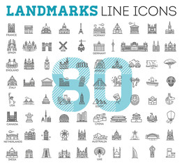 Image of Simple linear Vector icon set representing global tourist landmarks and travel destinations for vacations printed on Printed Glass Splashbacks
