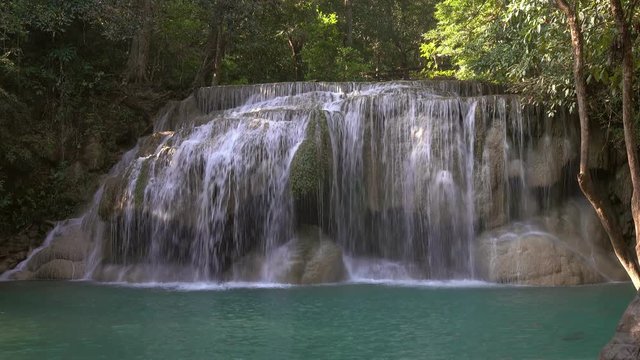 One of the waterfalls of the Erawan cascade in Kanchanaburi province, Thailand, 4k
