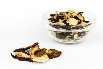 Dried mushrooms on a white background. Aromatic food ingredient. Traditional processing of mushrooms.