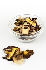 Dried mushrooms on a white background. Aromatic food ingredient. Traditional processing of mushrooms.
