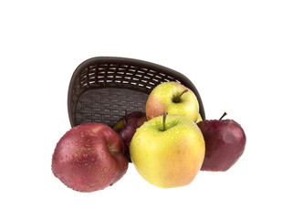 wet, clean apples in a basket on a white background