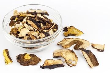 Dried mushrooms on a white background. Aromatic food ingredient. Traditional processing of mushrooms.