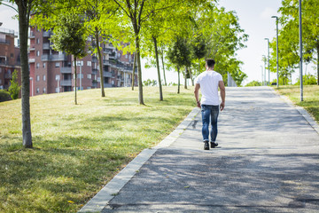 Back of muscular man in city park in a nice summer day walking. Full length shot