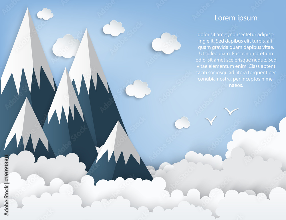 Wall mural Paper art origami mountains with snow, white fluffy clouds, blue sky, birds. Landscape with high mountains. Illustration of nature landscape and concept of travelling.