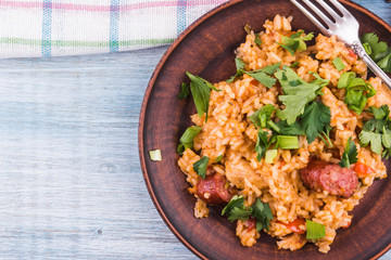 Classical Louisiana Jambalaya from chicken, rice and smoked sausages - copy space, a place for a recipe