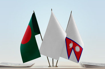 Flags of Bangladesh and Nepal with a white flag in the middle