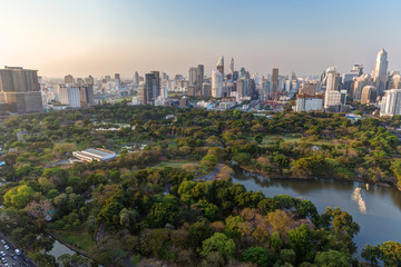 Fototapeta na wymiar Scenic view of the Lumpini (Lumphini) Park and Bangkok city in Thailand from above.