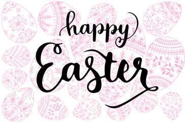 Happy Easter italic handwritten lettering with pink easter eggs