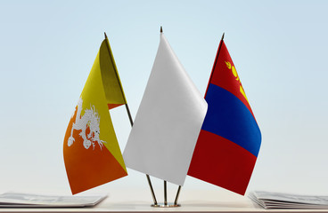 Flags of Bhutan and Mongolia with a white flag in the middle