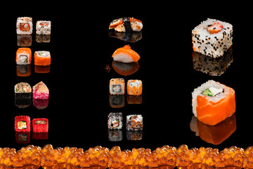 sushi rolls on black background isolates design for menu
