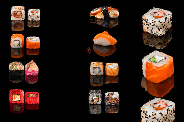 sushi rolls on black background isolates design for menu