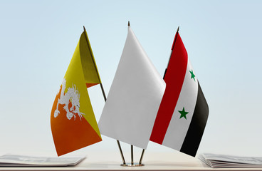 Flags of Bhutan and Syria with a white flag in the middle