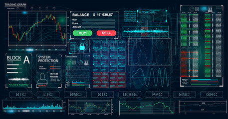 Futuristic user interface for trading applications. Touch interface. Abstract virtual graphic touch user interface. HUD. Blue and white elements. Web elements