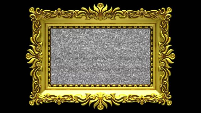 Camera zoom into the gold picture frame on black background. Tv noise and green chroma key plays on the screen. 3D animation.