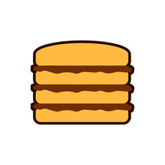 Fresh tasty hot pancakes with sweet maple syrup. Cartoon icon isolated on background. Vintage restaurant sign. Flat vector illustration EPS