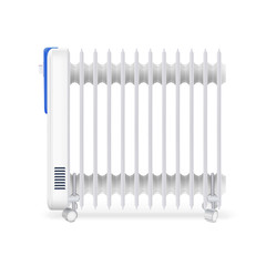 Oil radiator isolated on white background. White, electric oil filled heater. Vector, resizable icon of convector.