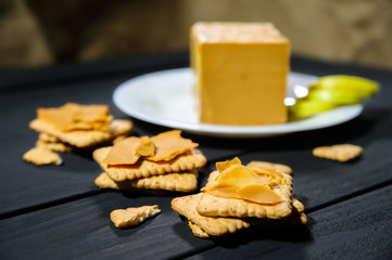 traditional scandinavian organic brown cheese brunost. Healthy Breakfast or snack. Healthy food and eating.