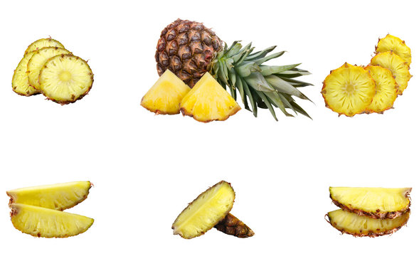 pineapple and pineapple slices isolated on white background