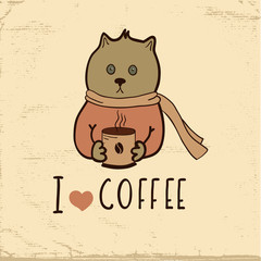 Cute hand drawn cat with cup of coffee and phrase - I love coffee.