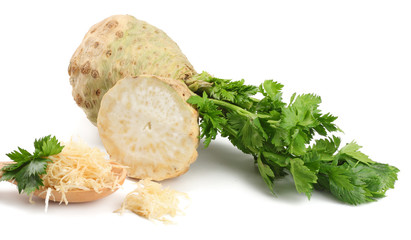 celery root with leaf isolated on white background. Celery isolated on white. Healthy food