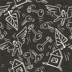 Hand drawn keys, houses and trees. Seamless pattern can be used for wallpaper, pattern fills, web page background, surface textures